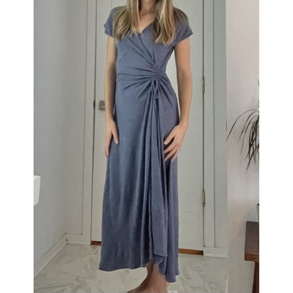 Max Studio Ruched Waist Tie Flattering Bump Friendly Blue Wrap Maxi Dress Size S - Picture 1 of 8